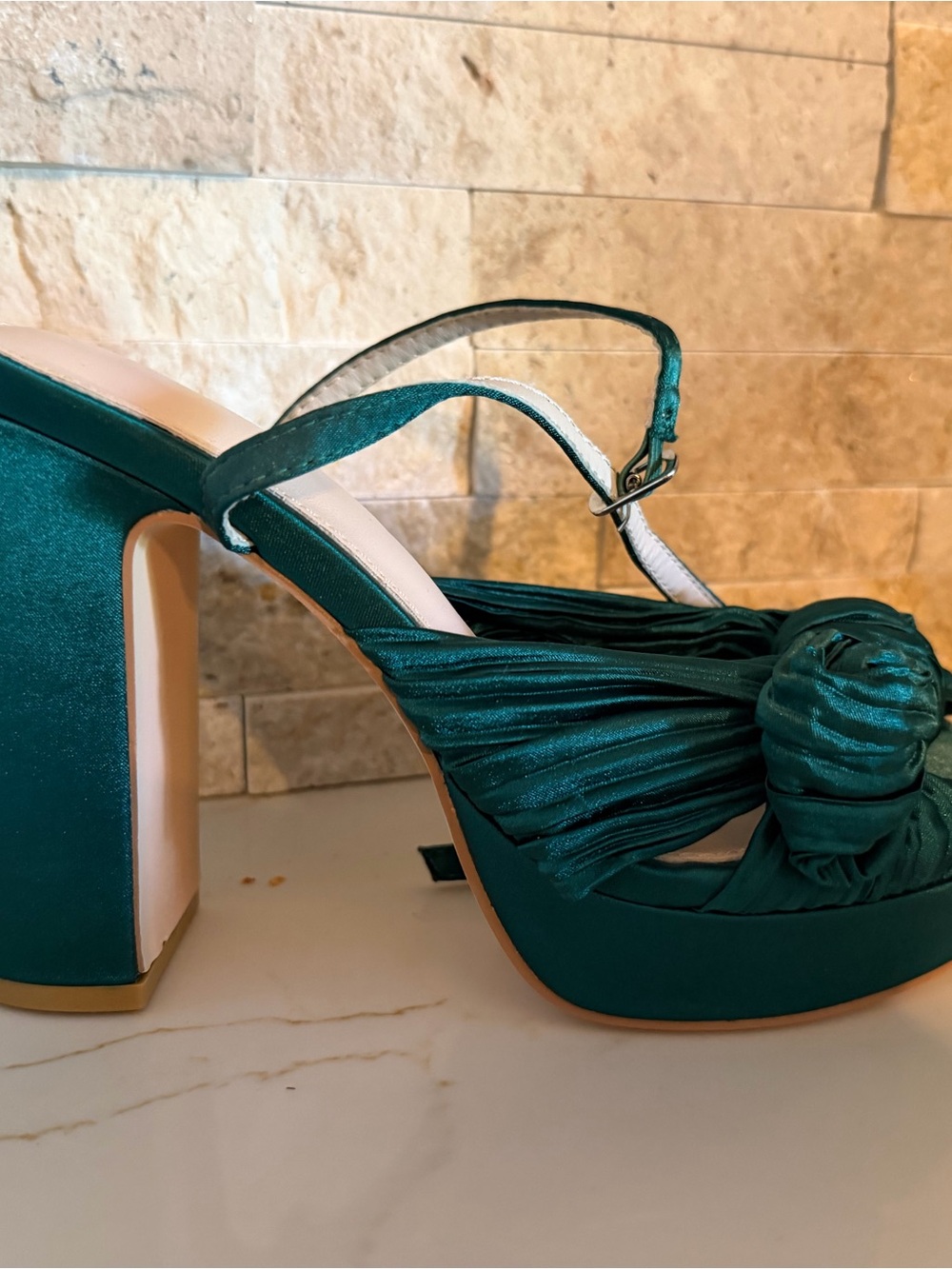 Emerald Satin Knotted Platform Heeled Sandals
Never worn
